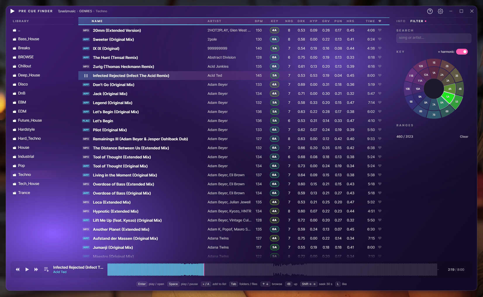 Pre-Cue Finder filter — Camelot key wheel with harmonic neighbours and range sliders
