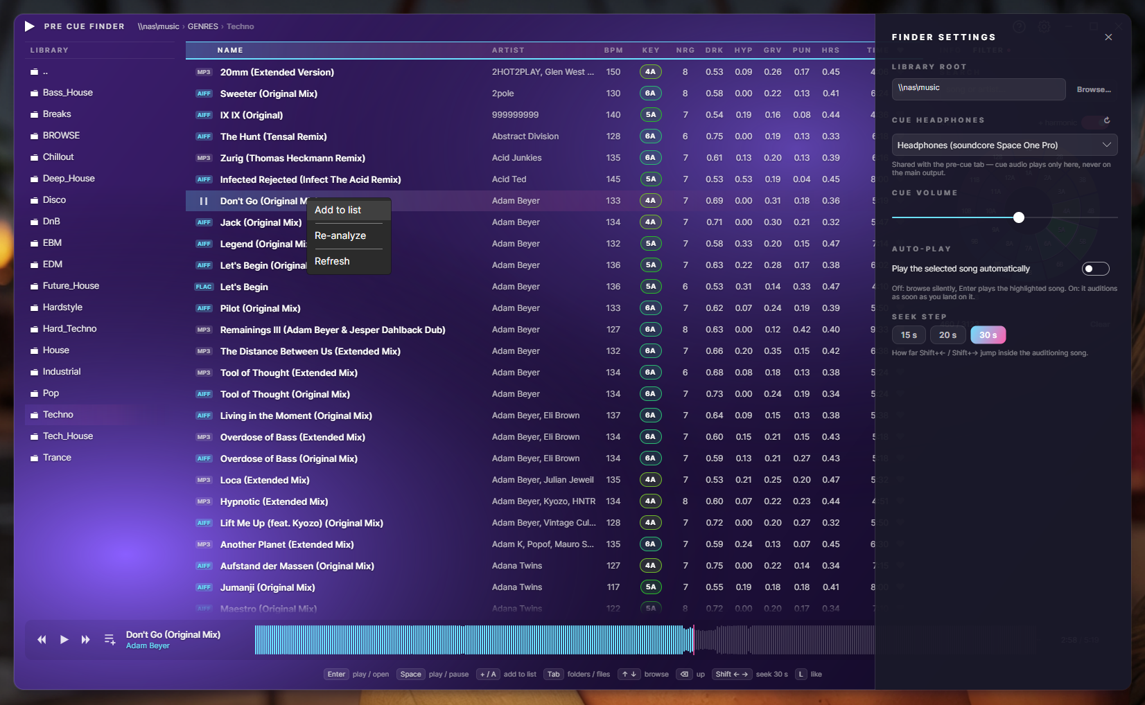 Pre-Cue Finder settings and right-click menu — cue headphone device, cue volume, auto-play