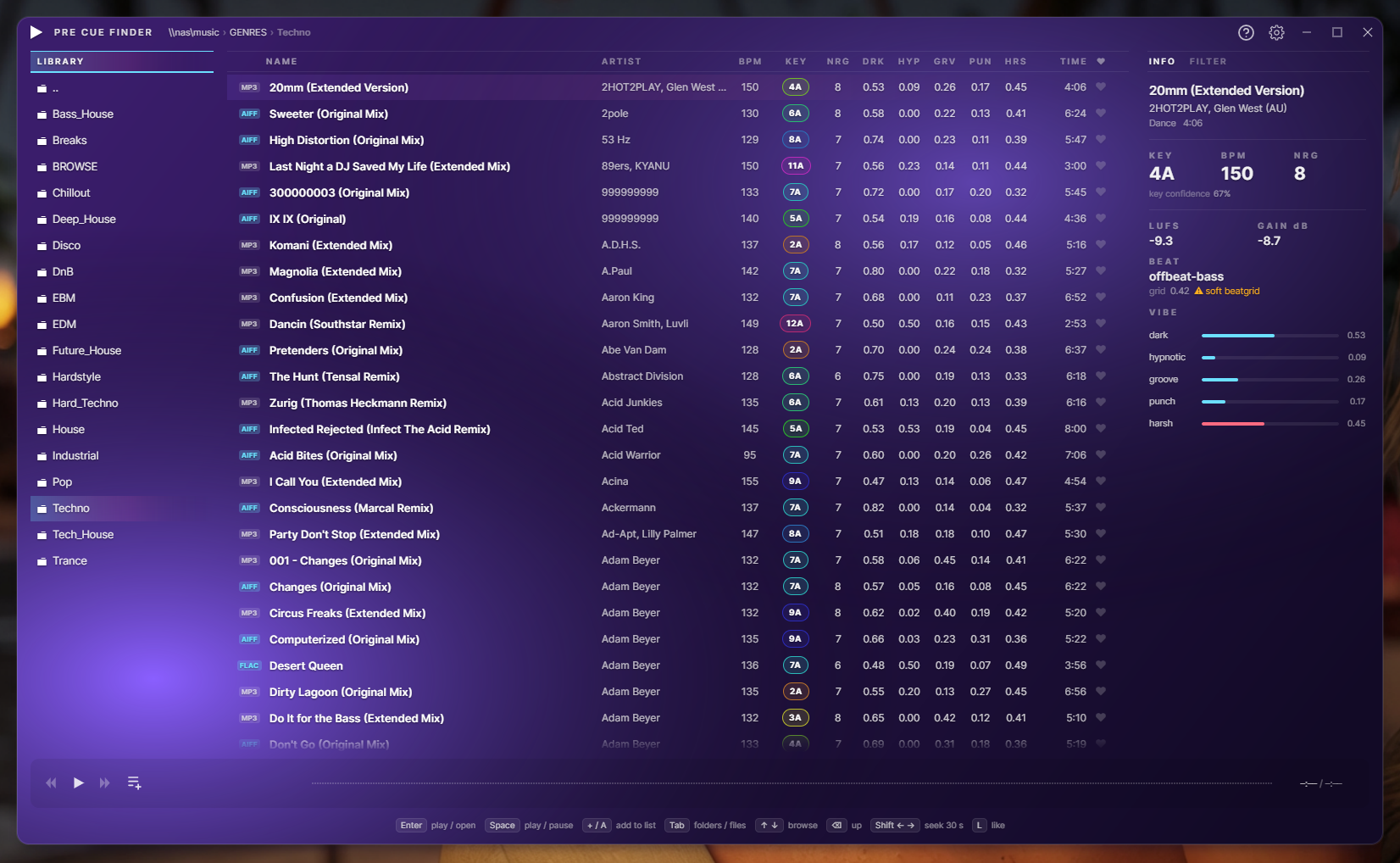 JUST PLAY Pre-Cue Finder — browse the library with Camelot key, BPM and energy columns and a per-track info panel