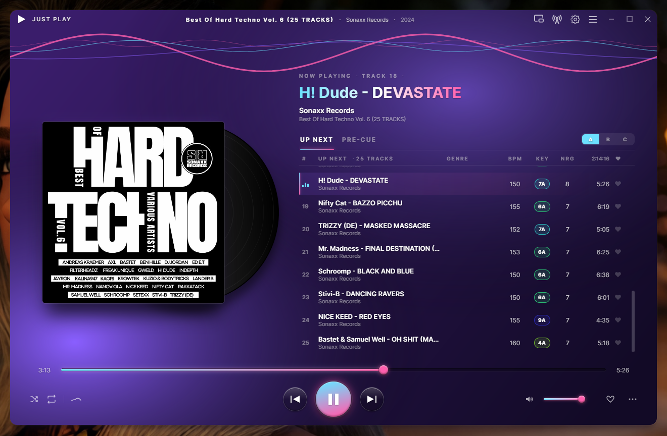 JUST PLAY main view — queue with Camelot key, BPM, energy and cover art