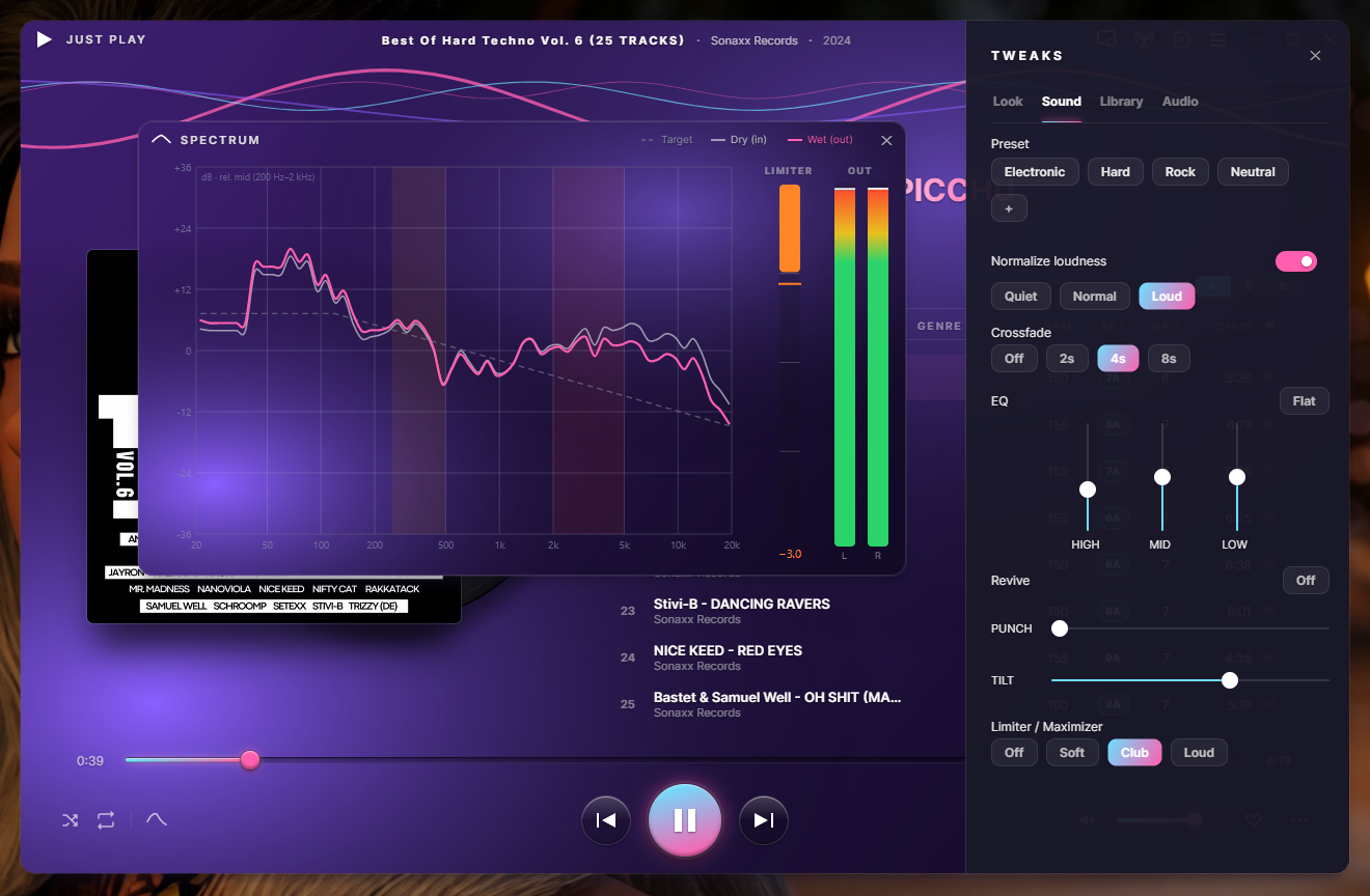 JUST PLAY Sound panel — genre presets, EQ, AutoTilt, Punch, Limiter