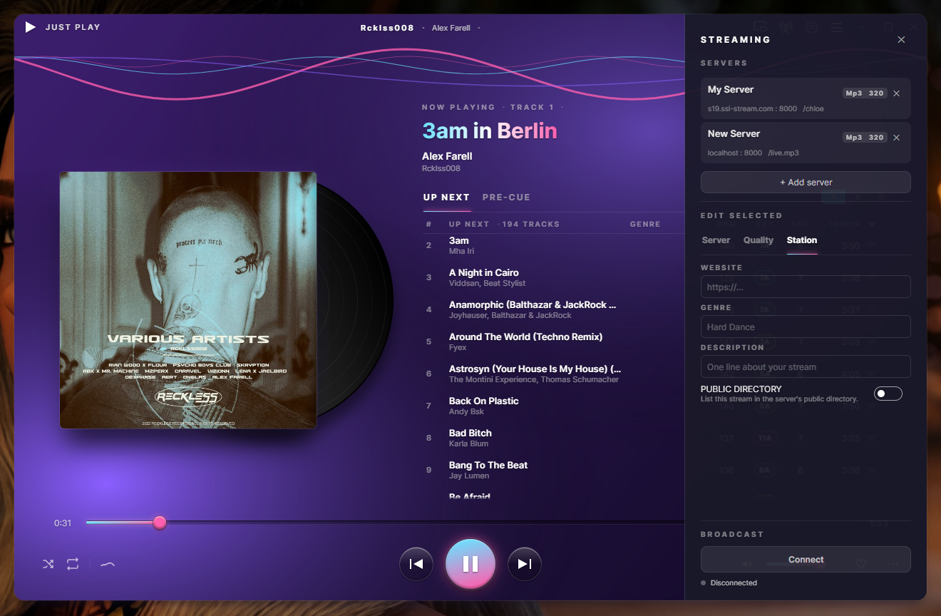 JUST PLAY streaming panel — Icecast broadcast, MP3 or Opus