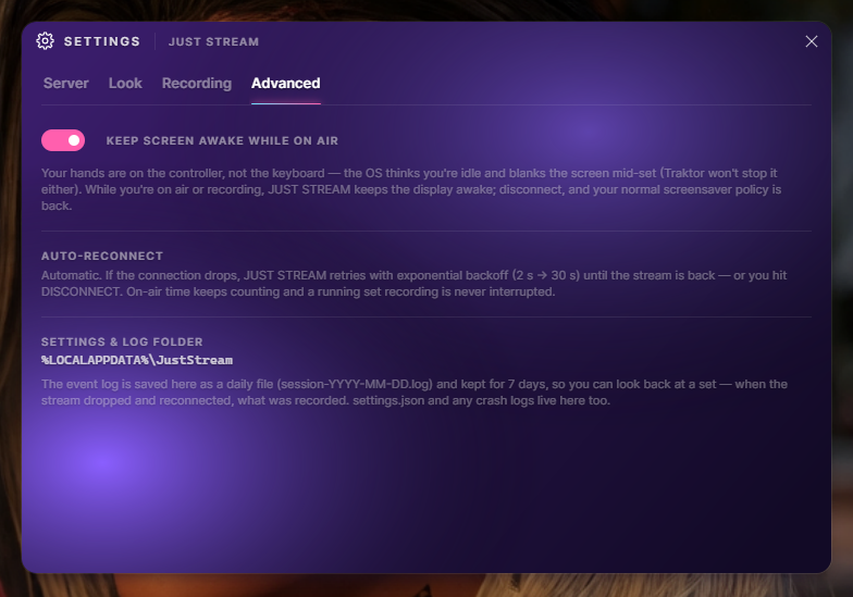 JUST STREAM advanced settings — keep screen awake on air, auto-reconnect with backoff, log folder