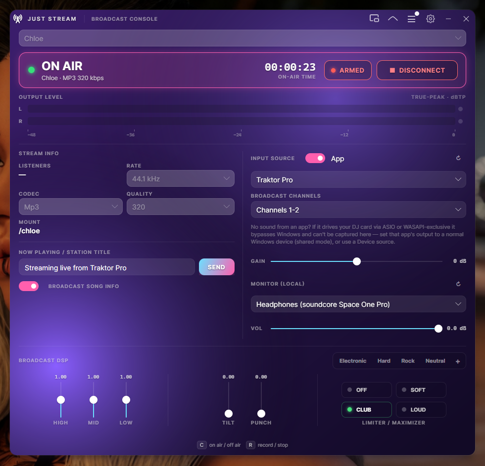 JUST STREAM broadcast console — capturing Traktor, on air, with the broadcast DSP rack