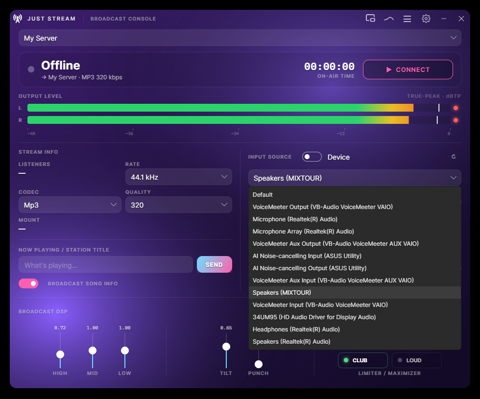 JUST STREAM device input — pick any audio device from the input picker