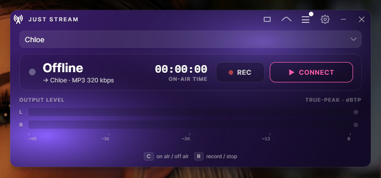 JUST STREAM compact view — on-air strip with true-peak level meters