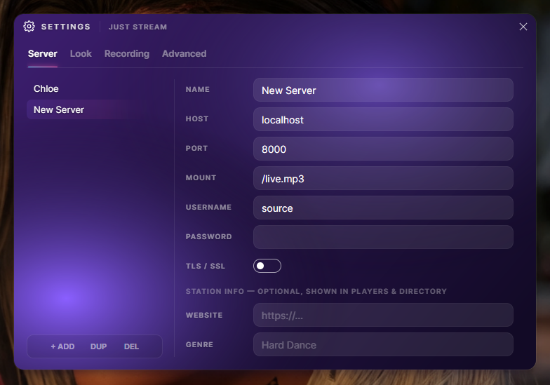 JUST STREAM server settings — Icecast profiles, MP3 or Opus, TLS
